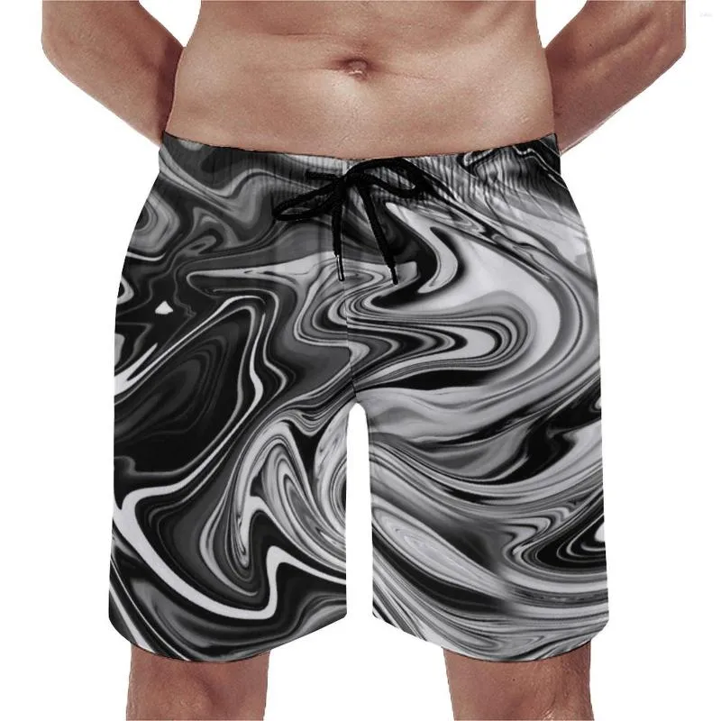 Men's Shorts Elegant Marble Board Summer Liquid Black And White Stripe Retro Beach Sports Surf Quick Dry Print Swimming Trunks