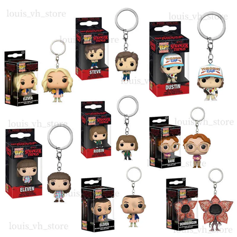 POP NEW Stranger Things 11 개의 Demogorgon Dustin Barb Steve Robin Keychain Toy Vinyl 그림 팝 키 체인 모델 장난감 T230810