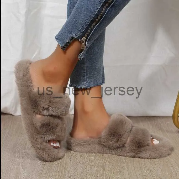 Slippers Winter House Mulheres Slippers de pele Fashion Band Cross Cross Plush Ladies Sapatos fofos