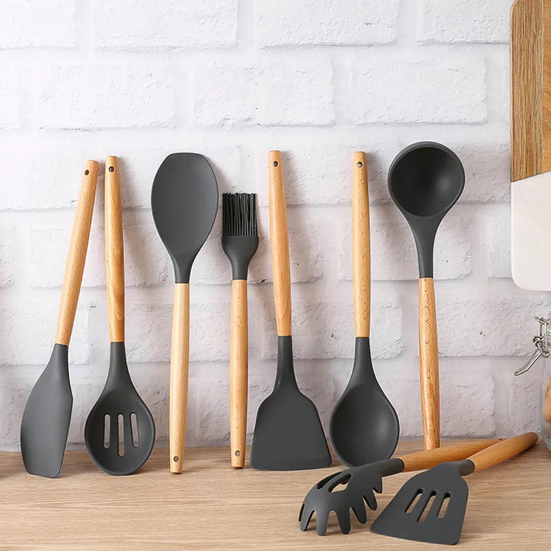 Matlagningsredskap 1 st silikon trä soppsked spatula borstskrapa grå olje kök verktyg köksvaror köksredskap 230809