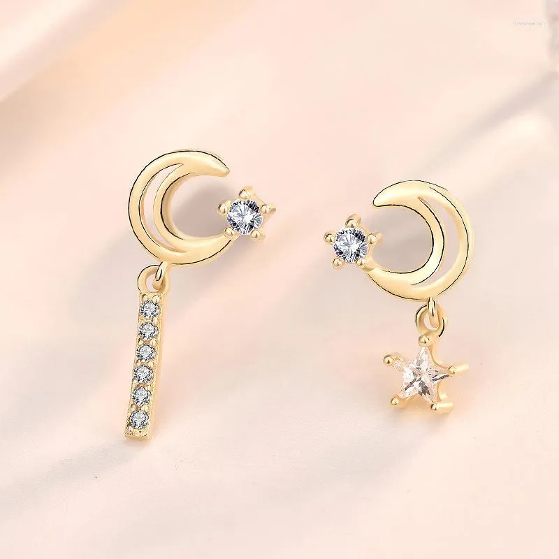 Chains 925 Sterling Silver Star Moon Earrings For Women Korean Version Fashion Asymmetric Small Design Short
