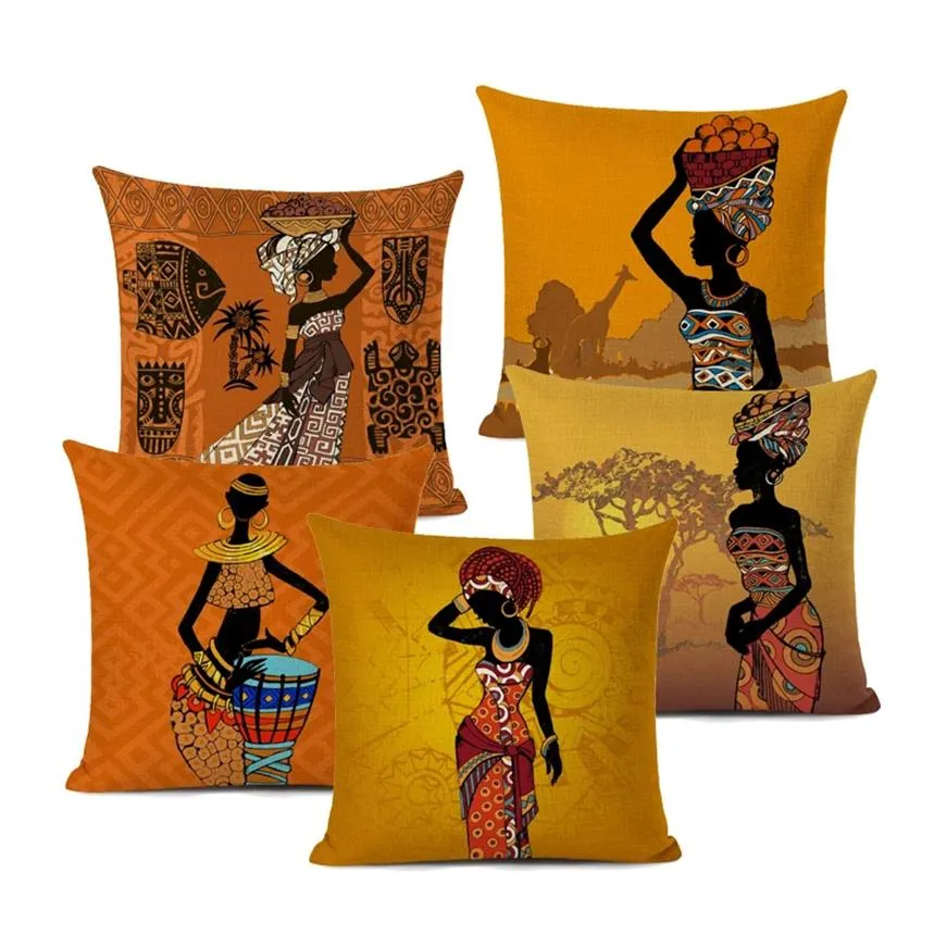 Afrikanische ethnische Frau Kissenbezug Mädchen dekorative Kissenbezug Leinen Farbe Tuch Überwurf für Sofa Home Decor156c