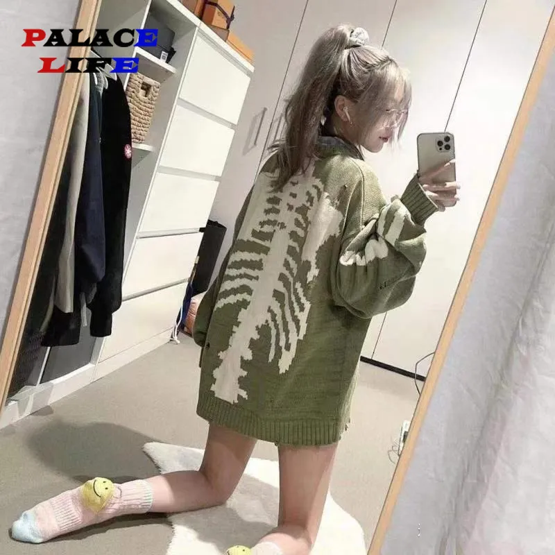 Men's Sweaters Men Oversized Sweater Green Loose Skeleton Bone Printing Woman High Quality High Street Damage Hole Vintage 1 1 Knitted Sweater 230810