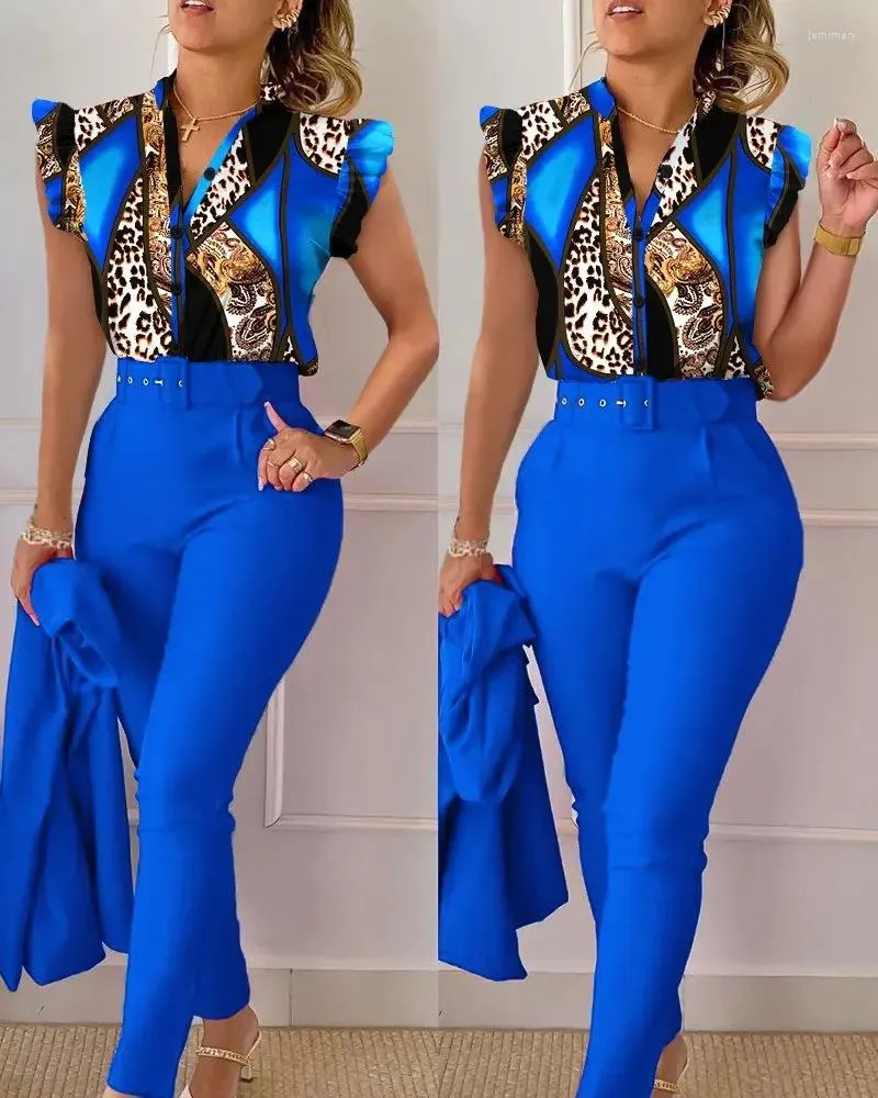 Elegant Summer Print Two Piece Shirt And Pants Set For Women High