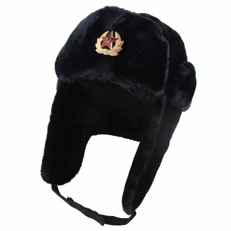 Beanie/Kafatası Kapakları Rusya Rozeti Sovyet Ordusu Askeri Ushanka Bomber Şapkalar Pilot Tuzak Kış Şapkası Sahte Tavşan Kürk Earsflap Erkek Kadın Kar Beanie 230809