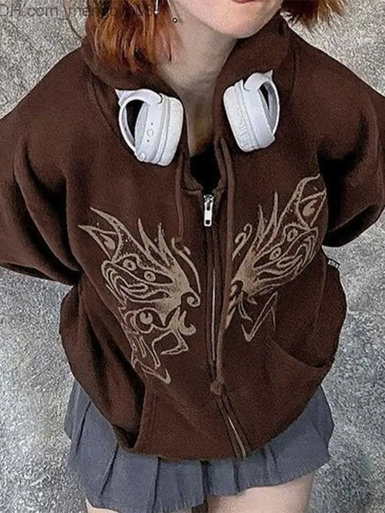 Erkek Hoodies Sweatshirts 2000s Grunge Kelebek grafik fermuarlı sweatshirt Kore ekstra büyük uzun kollu sokak giyim y2k ceket kapüşonlu ceket e-kız üst z230810