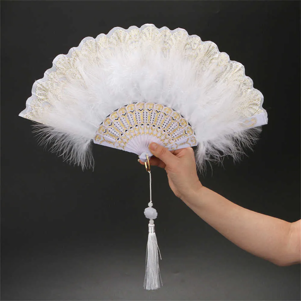 Produits de style chinois Lolita Éventail pliant en plumes blanches Doux classique Éventail à main noir Accessoires de vêtements de fête de danse de mariage Décoration d'intérieur