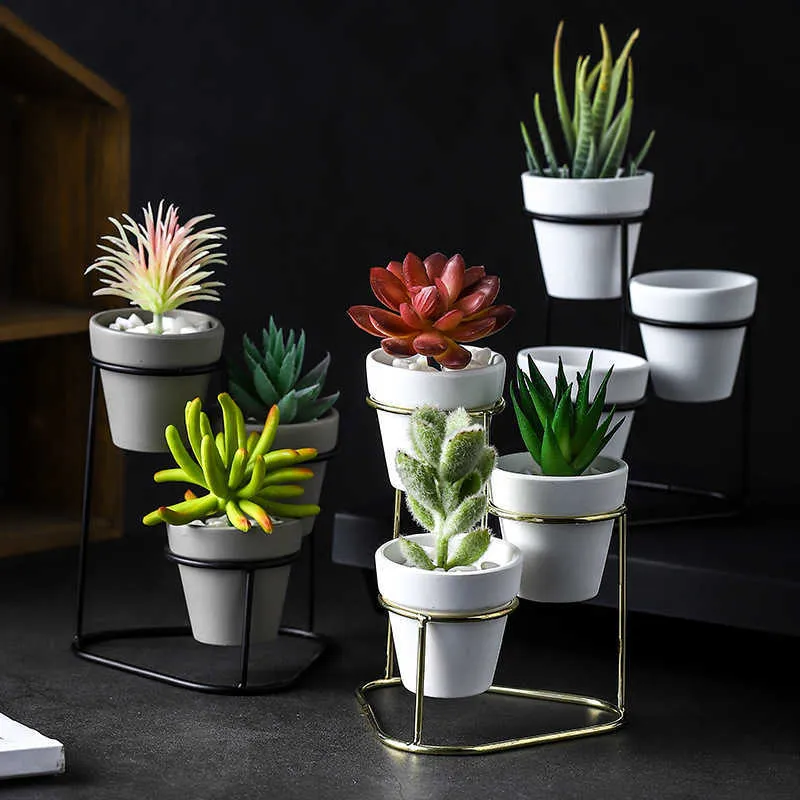 Fioriere Vasi Pot Bunga Sukulen Seni Besi Berlapis Emas Bingkai Besi Sederhana Pot Bunga Pot Bunga Tanah Liat Tanaman Set Pot Tanaman Putih