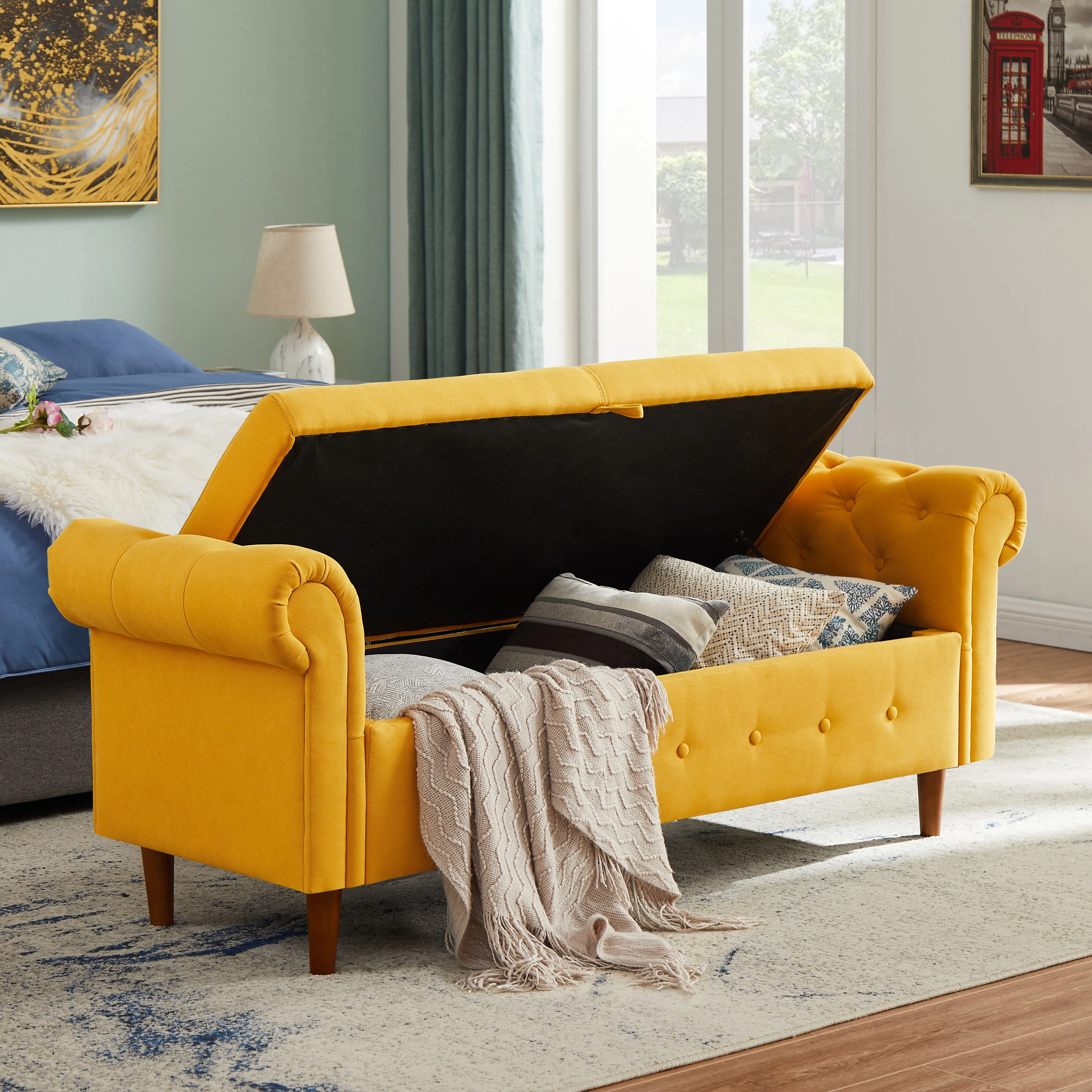 جديد على النمط الجديد توفير مساحة التخزين متعددة الأغراض براز أريكة مستطيلة مع مساحة تخزين كبيرة ، أصفر