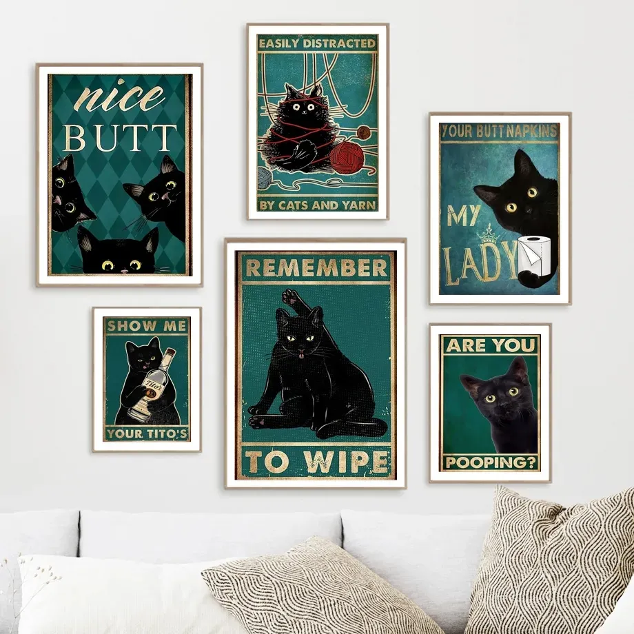 Funny Black Cat Toilet Paper Art Nordic Canvas Prints, Bathroom