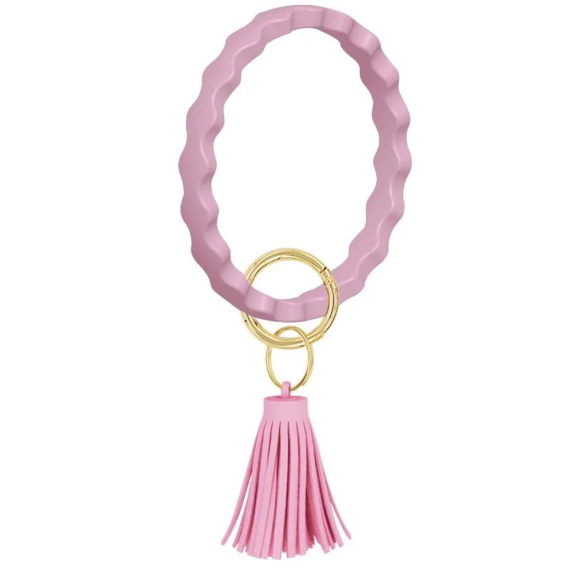 Jewelry Silicone Wristlet Keychain wave Bracelet with Leather Tassel Bangle Keyring Large Circle Key Ring For Women Girls Gifts Z2919