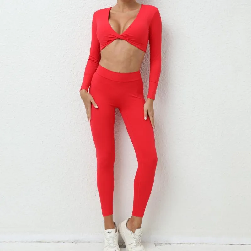 Active Sets Sportswear Woman Gym Yoga Fitness Sport Set 2 Pieces Workout Crop Top Long Sleeved Leggings Clothing Female Sexy Red