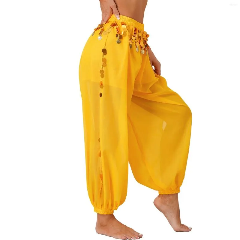 Bühnenkleidung Damen Bauchtanzkostüm Pailletten seitlich geteilte Chiffon-Blühhose Hose Halbdurchsichtige lockere Hose Performance-Tanzkleidung