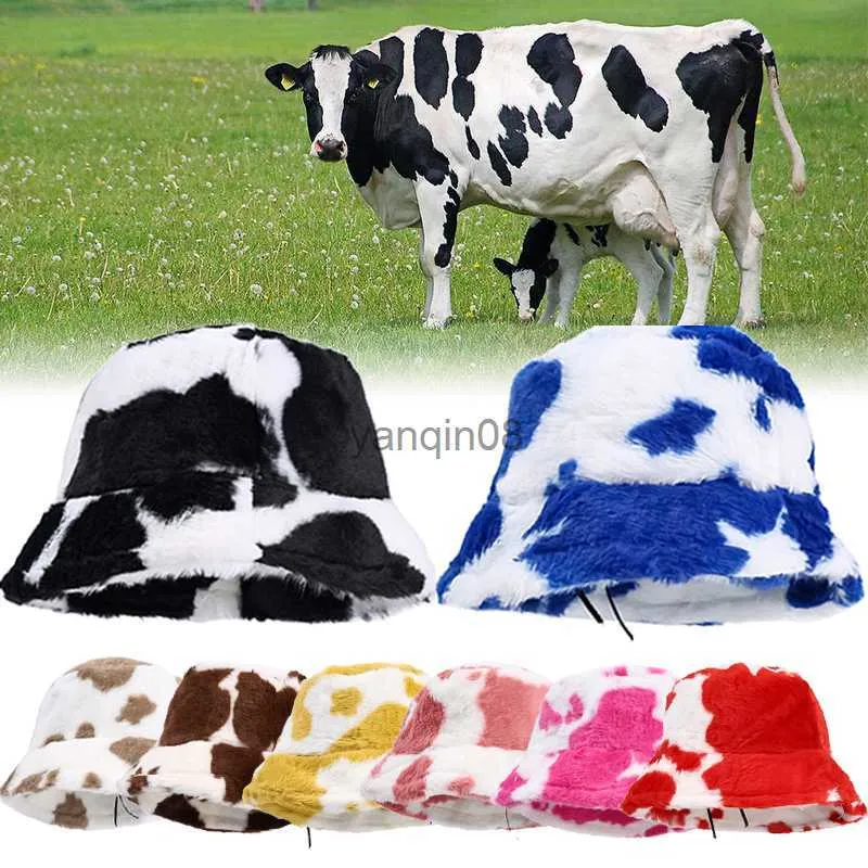 Wide Brim Hats Bucket Hats Winter Cow Faux Fur Fluffy Bucket Hats Women Plush Fisherman Cap Outdoor Keep Warm Thicken Hat Panama Caps Soft Velvet Sun Hats HKD230810