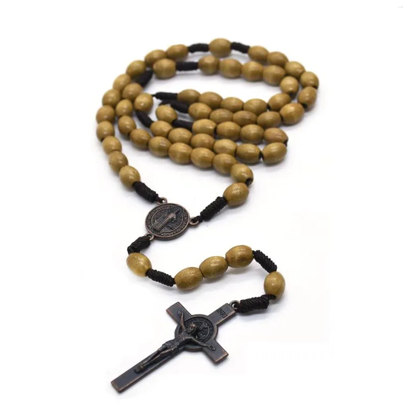 Pendant Necklaces Vintage Wooden Bead Rosary Necklace Handcrafted Cross Catholic Christian Religious Prayer Jewelry