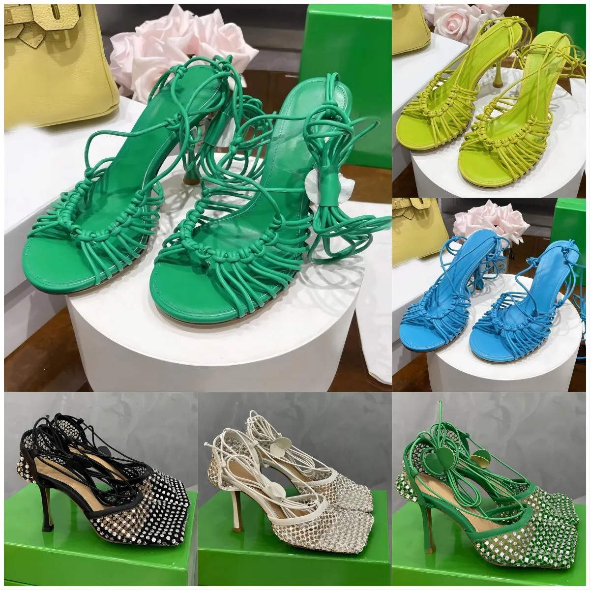 Sparkle Stretch Lace-Up Sandal Designer Women Sandals Luxurys High Heels Rhinestone Mesh Slides Sandal Pumps Dress Stretch Strap Sandal