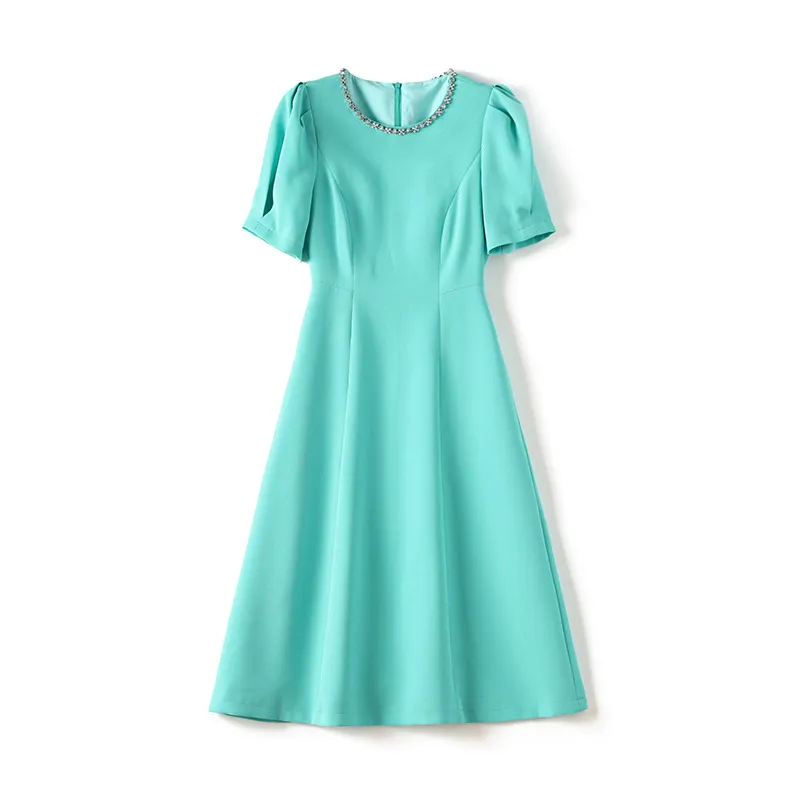 2023 Summer GreenSolid Color Dress Short Sleeve Round Neck Knee-Length Casual Dresses W3Q014315