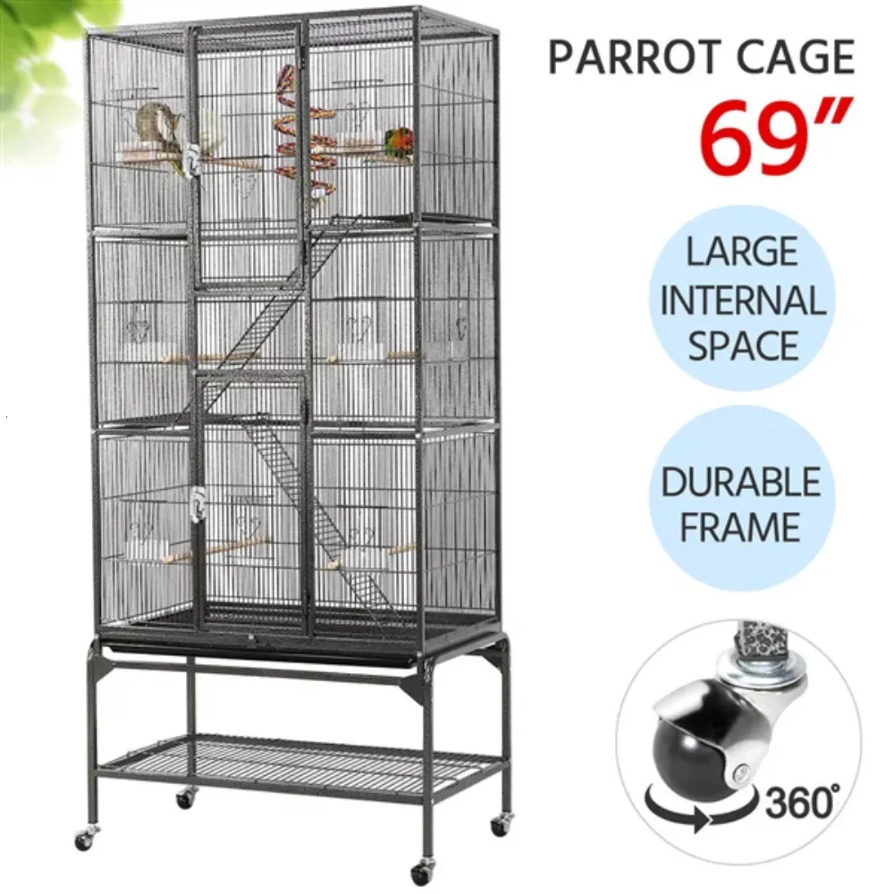 Cages à oiseaux Grande cage roulante de 69 po de hauteur avec support amovible noir 230810
