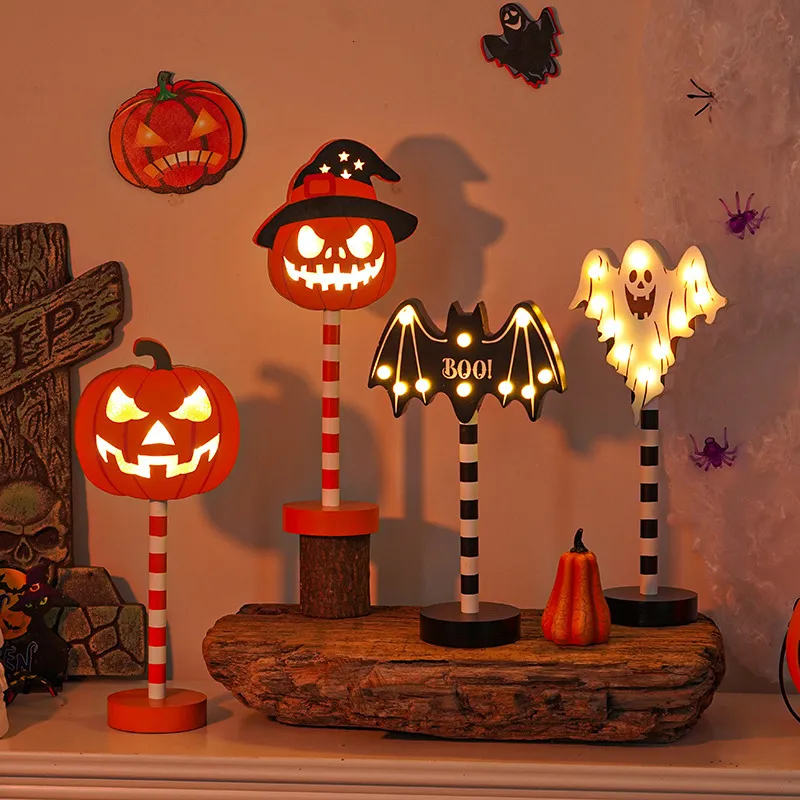 Nieuwigheden Halloween Pompoen Houten Nachtlampje Led Lamp Creatieve Decoratie Festival Gloeiende Indoor Decorat Home Decor voor Halloween 230809