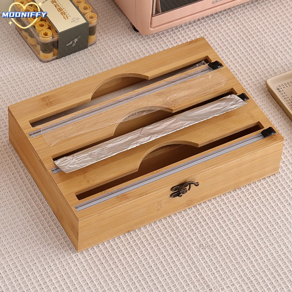 Other Kitchen Tools 3 In 1 Bamboo Wrap Dispenser Storage For Aluminum Foil With Cutter Cling Film Holder Accessories 230810