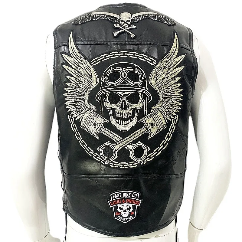 Men's Motorcycle Leather Vest with Skull Patch, Biker Sleeveless Jacket, Casual Streetwear Waistcoat, Punk Veste 2024 Men's Motorcycle Leather Vest with Skull Patch, Biker Sleeveless Jacket, Casual Streetwear Waistcoat, Punk Veste 2024