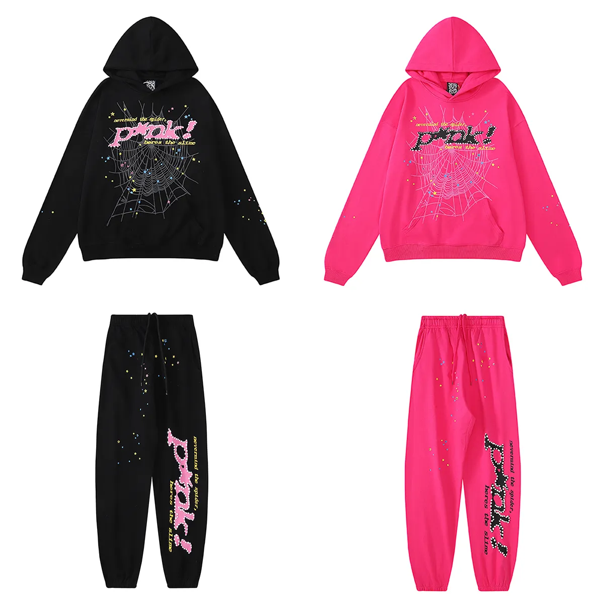 Pink Spider Graphic Hoodie And Sweatpants Set Thickened Terry
