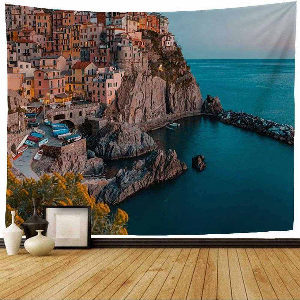 Tapisseries Italie Paysage Tapisserie Cliffside Village Cinque Terre Bord de Mer Paysage Tenture Murale pour Chambre Salon Dortoir Décoration d'intérieur