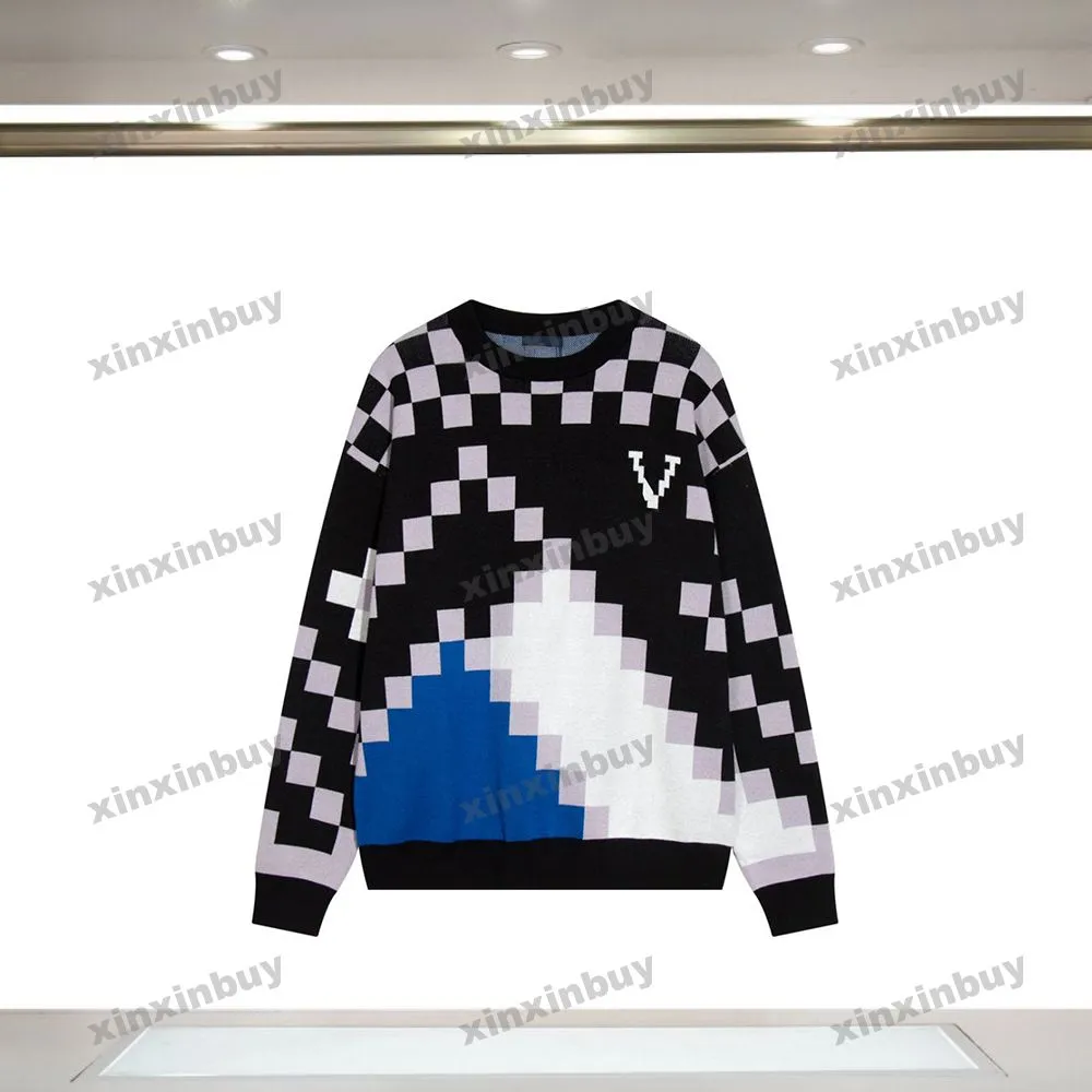 xinxinbuy men women designerスウェットシャツパーカー格子縞の手紙jacquardファブリックセーターグレーブルー黒白S-3xl