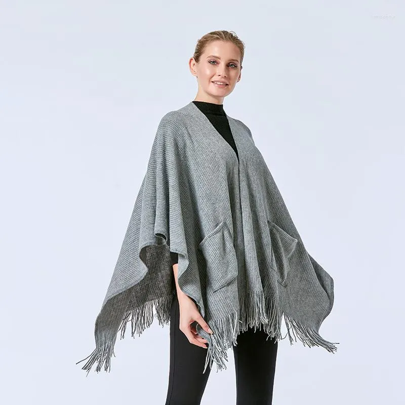 Cachecóis Cashmere Pashmina Elegante Office Wraps Cardigan Xales Capa Feminina Echarpes Femme Echarpes Cor Sólida Borla Ponchos Com Bolso