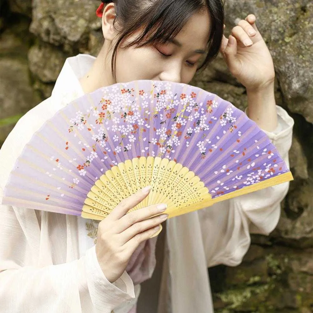 Chinese Style Products Bamboo Folding Fan Chinese Fan Floral Print One Piece Strong Flexibility No Burr Decorate Faux Silk Unique Gift for Festival