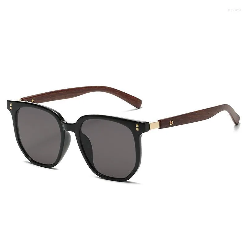 Solglasögon 2023 Koreansk utgåva Teal Vintage Wood Grain Leg Box Round Face Glasses Fashion Sunshade