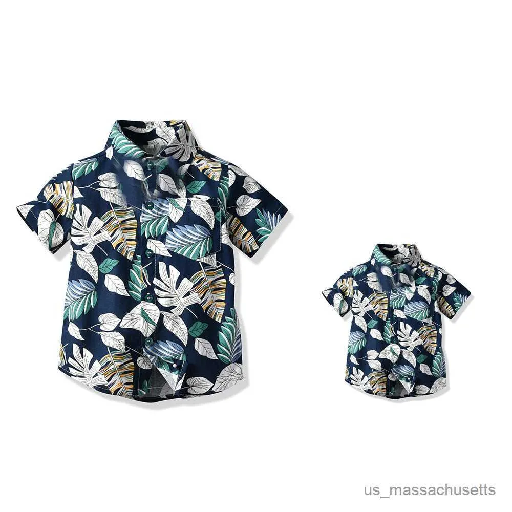 Familj matchande kläder sommar barnkläder pojkar kort ärm skjorta hawaiian far och son blommor bomull casual cardigan matchande familjekläder r230810