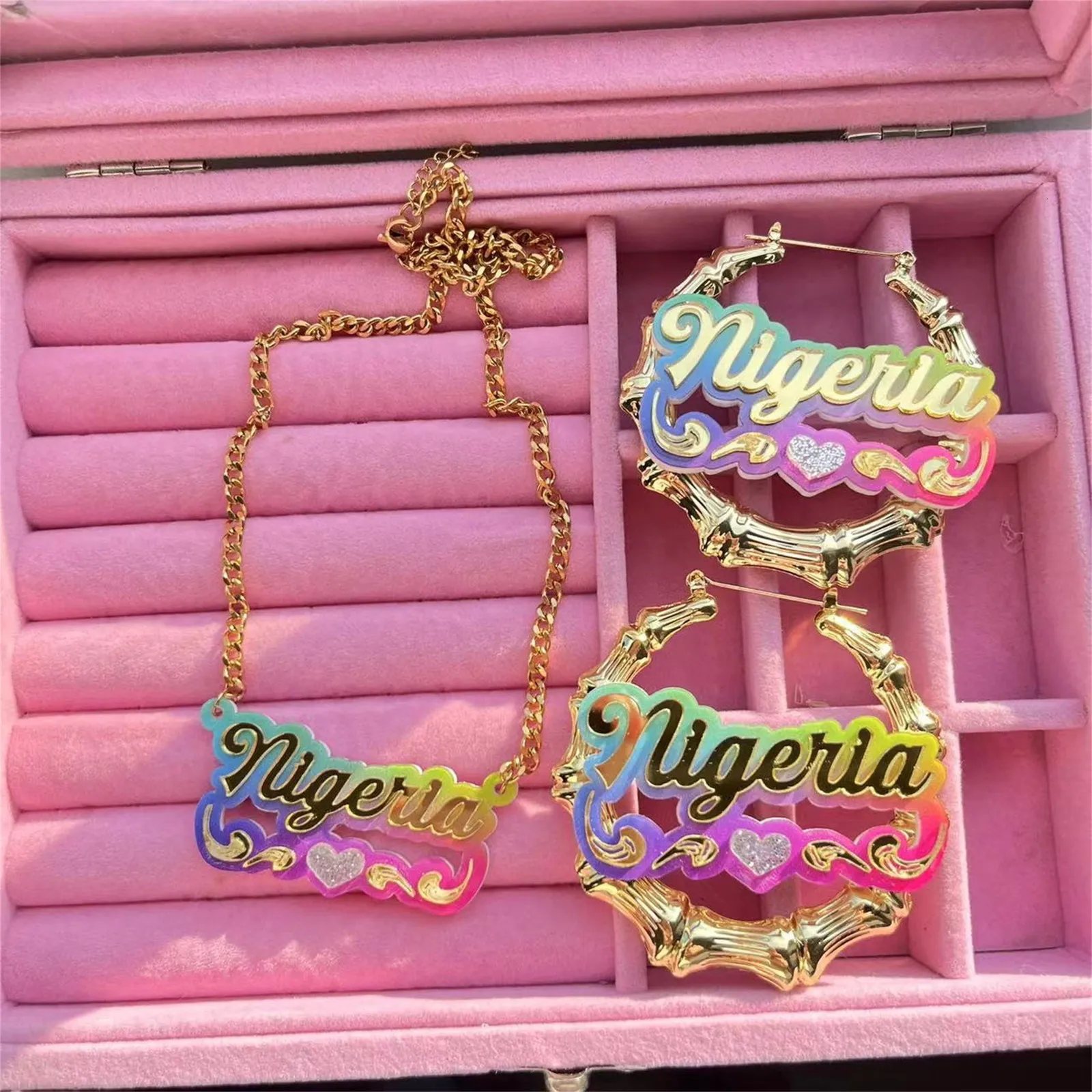 Hoop Huggie Customized Rainbow Name Earrings Necklace Set Personalized Acrylic Bamboo Earrings For Women Custom Nameplate Earrings Jewelry 230809