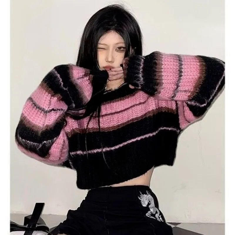 Women's Sweaters Y2K Korean Style Pink Cropped Sweater Women Striped Jumper Vintage Female Autumn Long Sleeve Crewneck Pullovers Tops 230809