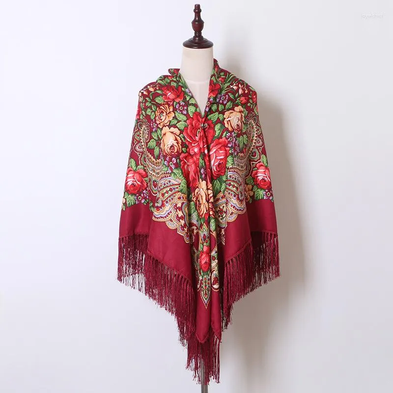 Scarves 160 160cm Russian Floral Square Scarf Women Retro Fringed Shawl Babushka Handkerchief Blanket Female Foulard Bandana Head Wraps