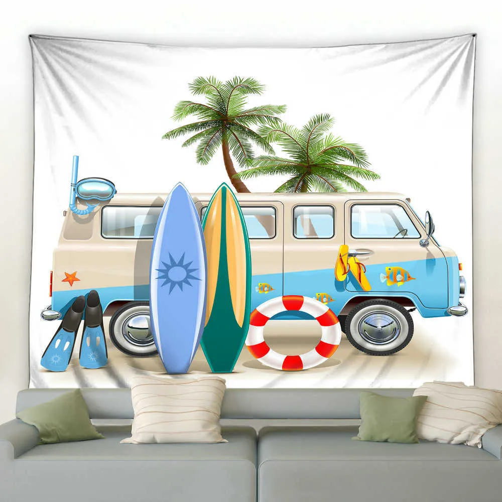 Arazzi Bus Palma Spiaggia Arazzo Estate Oceano Camper Van Appeso a parete Hawaii Stile vacanza Soggiorno Camera da letto Decor Coperta da parete