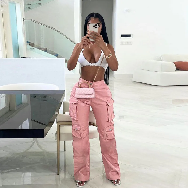 Pink Faux Leather Cargo Pants for Women - Y2K High Waist Baggy Straight  Trousers with Pockets, Street Fashion Hip Hop Wide-Leg Capris