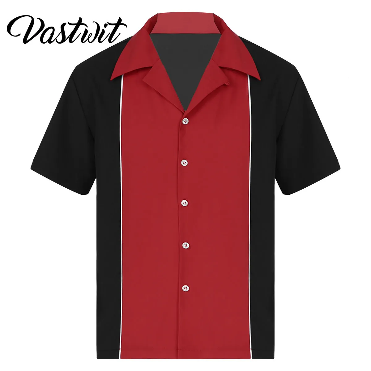 Herrklänningskjortor Mens Bowling Shirts Retro Short Sleeve Button Down Casual 50s Tee Color Block randig hackad krage skjorta 230809