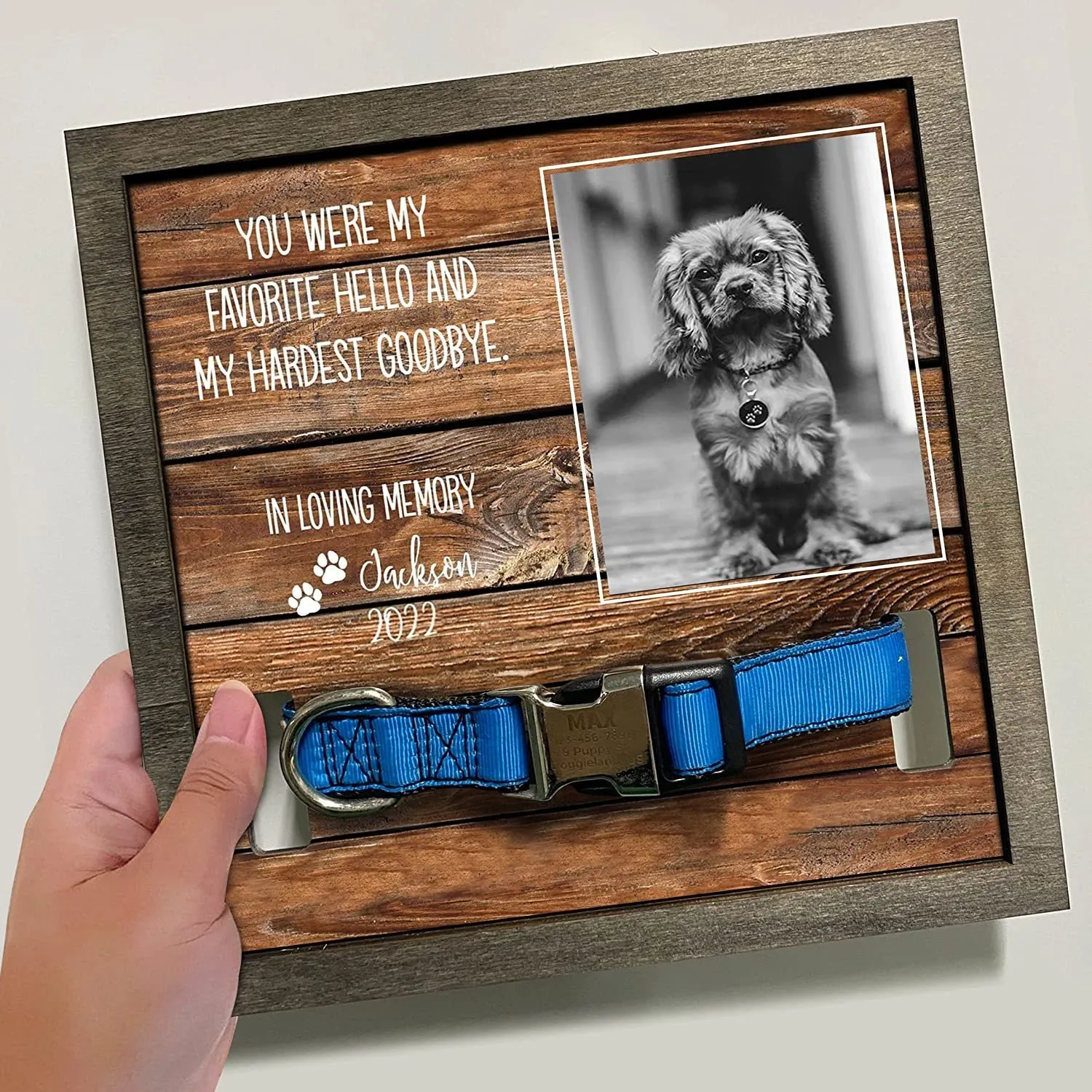 Personalized Dog Memorial Photo Frame: Engraved Wooden Pet Collar