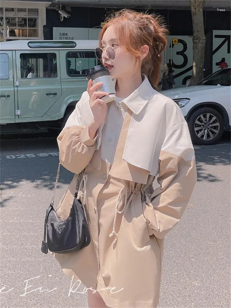 Женские траншевые пальто женская куртка мода сплайсинговая шнурки талия повседневная свободная корейская стиль элегантная ветра 2023 Весна
