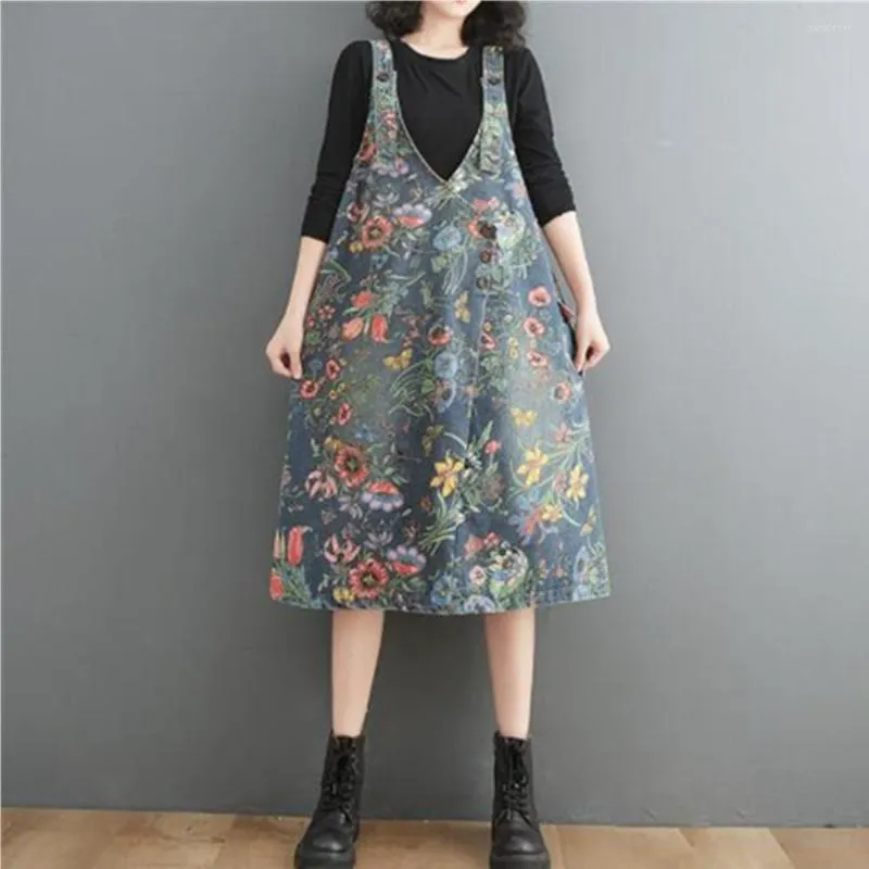 Casual Dresses Vintage Denim Maxi Long Dress Women Summer Loose Sleeveless Flower Print Female Oversized Pullover Jean