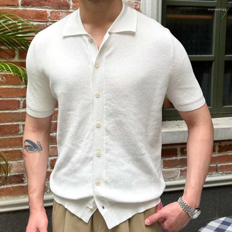 Herrtröjor sommarman kort ärm polo skjorta hög kvalitet fast färg cardigan t-shirt män lapel stickad casual camisa hombre