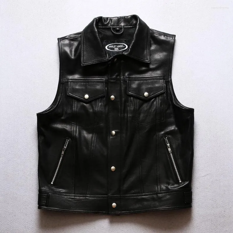 Men's Vests Sheepskin Brand Thick Genuine Leather Motorcycle Black Vest Designer Vintage Classic Zipper Slim Fit Coats