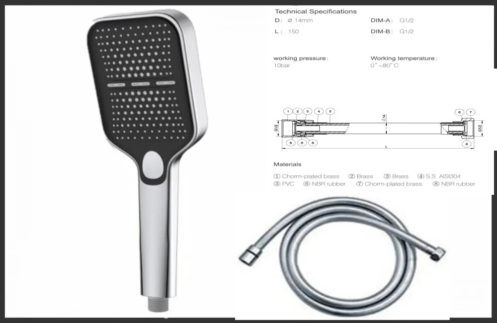 HKNOKE 실버 chorme 3 모드 욕실 샤워 헤드 스퀘어 고압 고압 유니버탈 강력한 핸드 샤워 헤드 1.5mm 호스