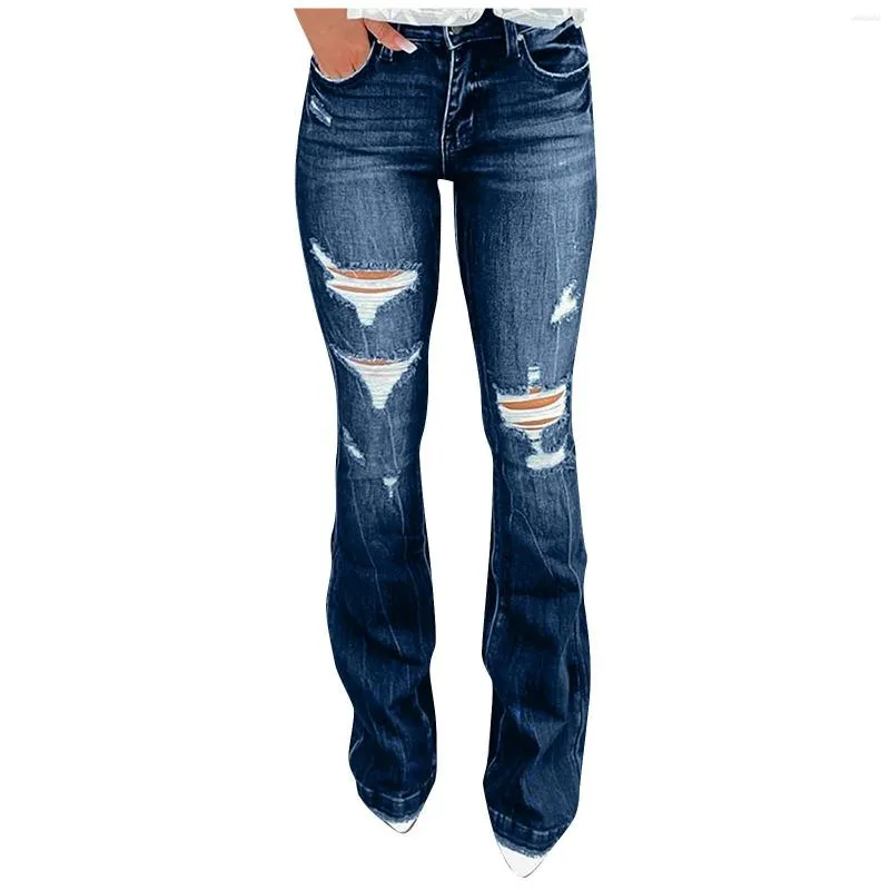 Kvinnors jeans kvinnor byxor höga stretch byxor perforerade plus storlek rör amerikansk gata rippad rak gammal vintage