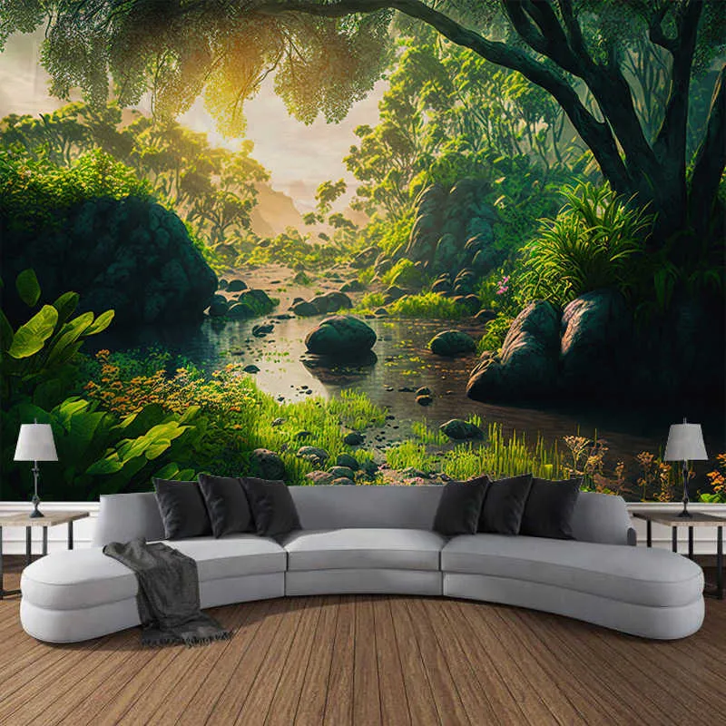 Tapisseries Forêt magique Tapisserie Nature Arbres Cascade Tenture murale Paysage Paysage Tissu Maison Chambre Esthétique Art Chambre Décor Tapiz