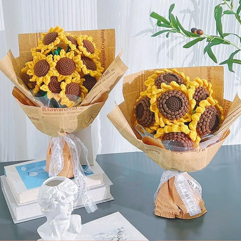 Decoratieve bloemen Afgewerkte Zonnebloem Haak Zelfgemaakte Bloem Hand Gebreide Handwerk Geschenken voor Liefhebbers Leraren Dag Cadeau Girasoles