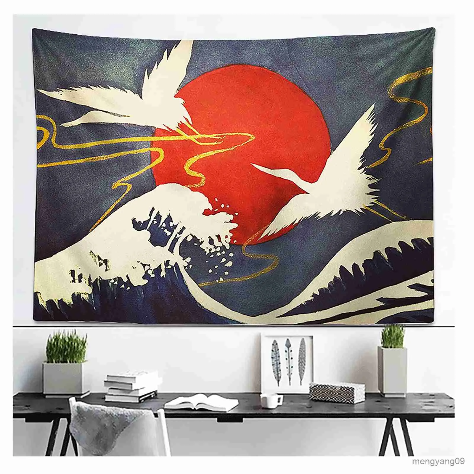 Tapestries Red Green Cranes Floral Leaves Tapestry Traditional Japanese Style Tapestries Watercolor Wall Hanging Cloth for Home Bedroom R230810