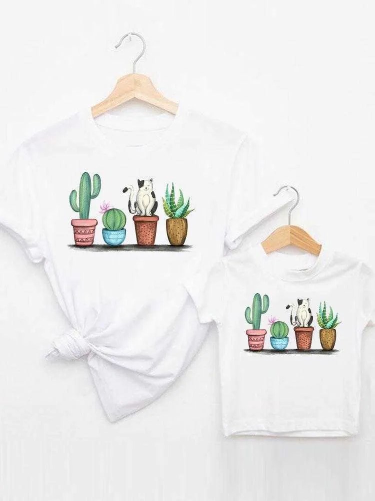 Familie bijpassende outfits Tee Familie bijpassende outfits Kat Grappige Cactus Plant Vrouwen Casual Kid Kind Zomer Moeder Mama Moeder T-shirt T-shirt Kleding Kleding