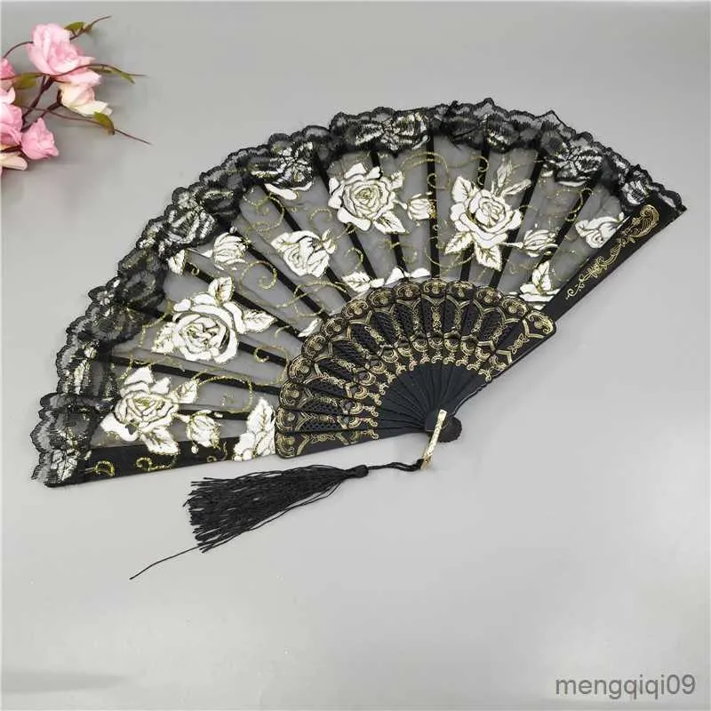 Chinese Style Products Ladies Lace Hand Fan Translucent Rose Lace Folding Fan Wing Chun Dance Spanish Lace Fan Gift Wedding Home Decorative Ornamen R230810